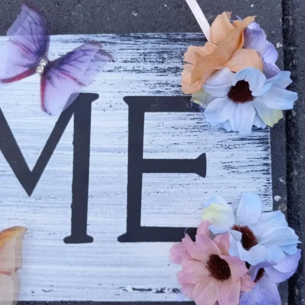 Wood HOME Sign Door Hanger Pastel Flowers Butterflies Wall Art Home Decor Gift